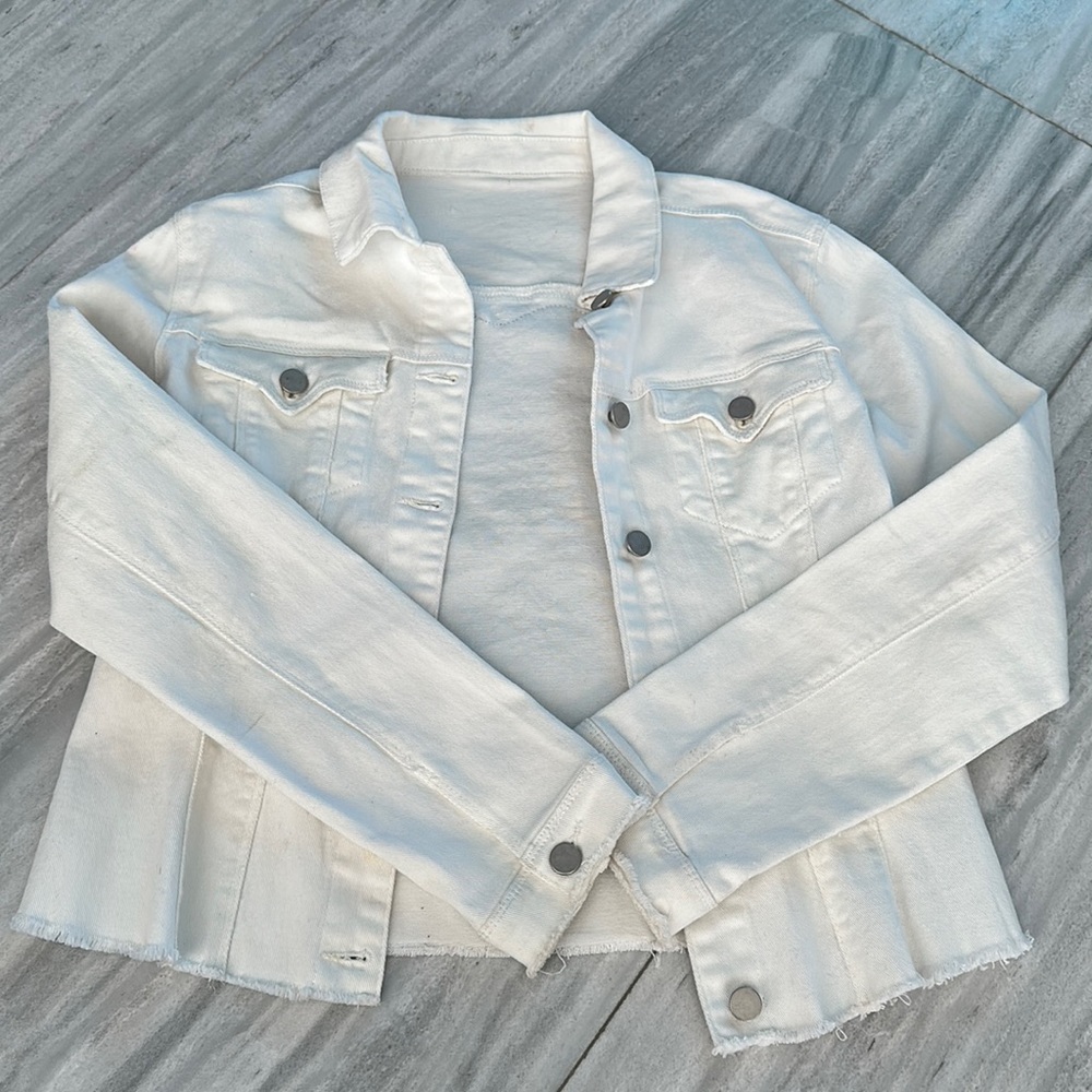 handmade rolling stone white jean jacket - size medium